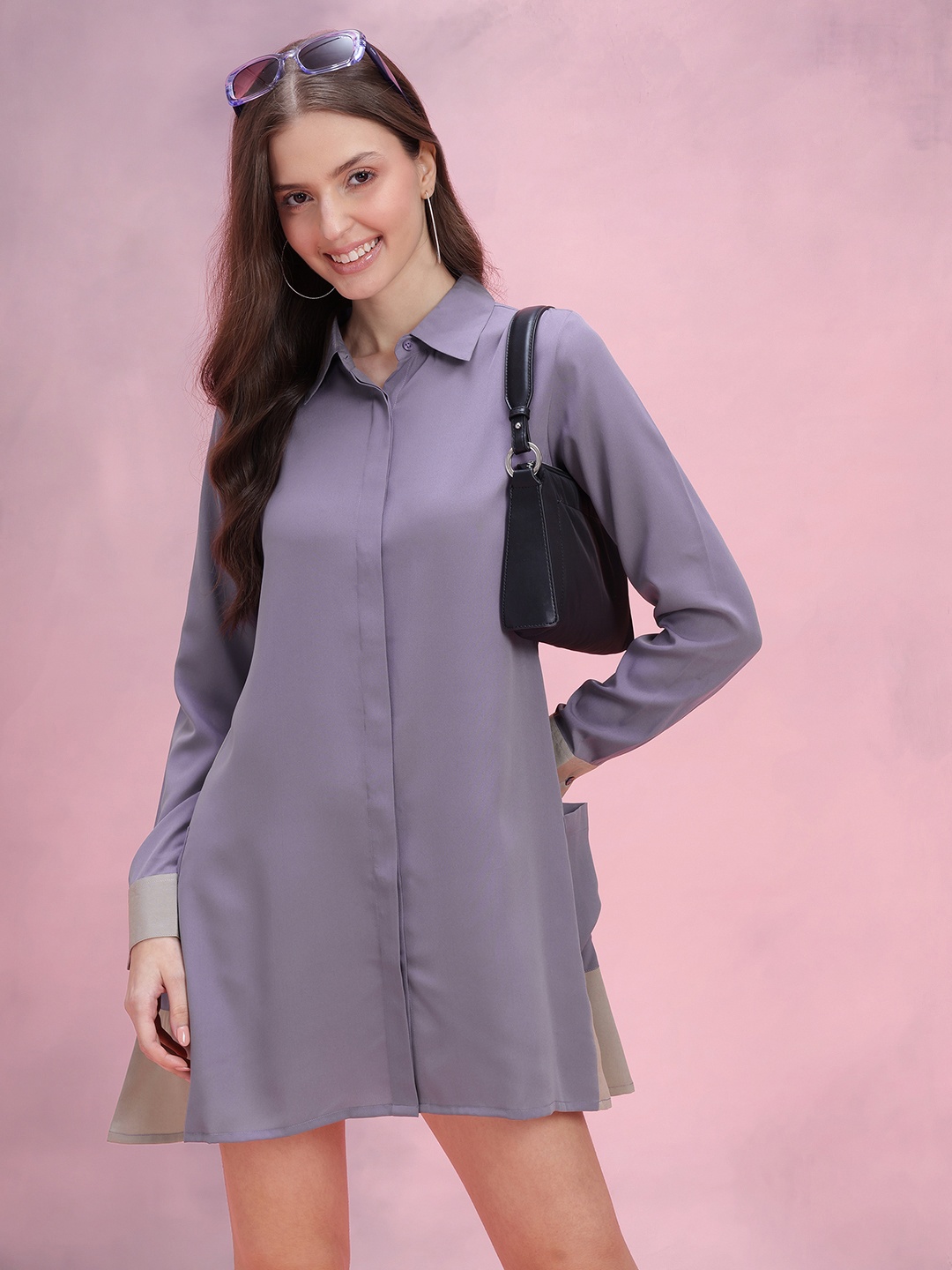 DressBerry Crepe Shirt Mini Dress with Pocket Detail, Purple