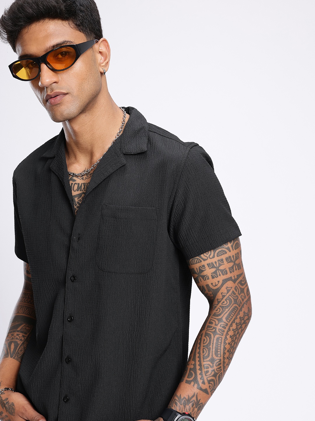 

glitchez Effortlessly Classic Seersucker Boxy Casual Shirt, Charcoal