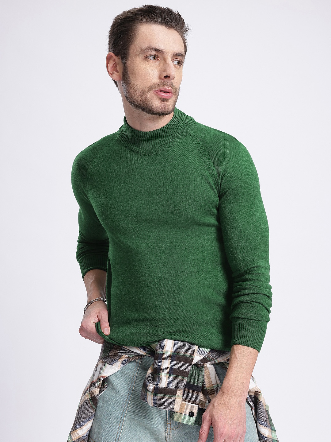 

glitchez Cloud-Like Cozy High Neck Raglan Sleeves Acrylic Pullover, Green