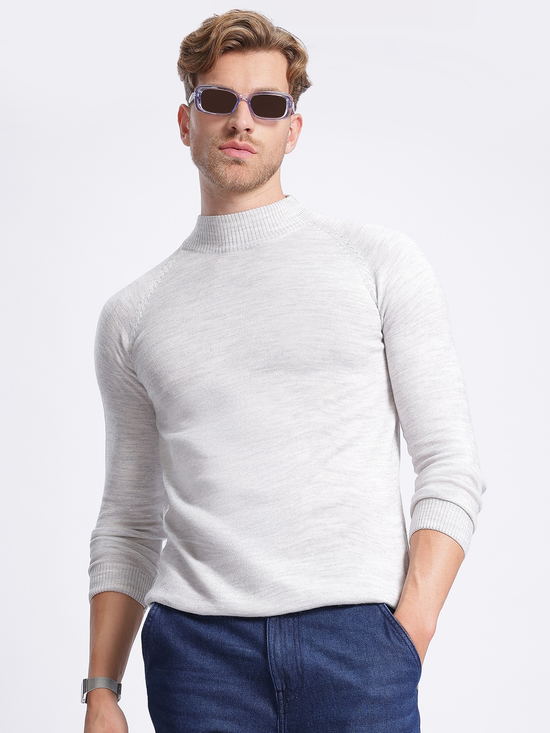 

glitchez Winter Worthy High Neck Raglan Sleeves Acrylic Pullover, Grey melange