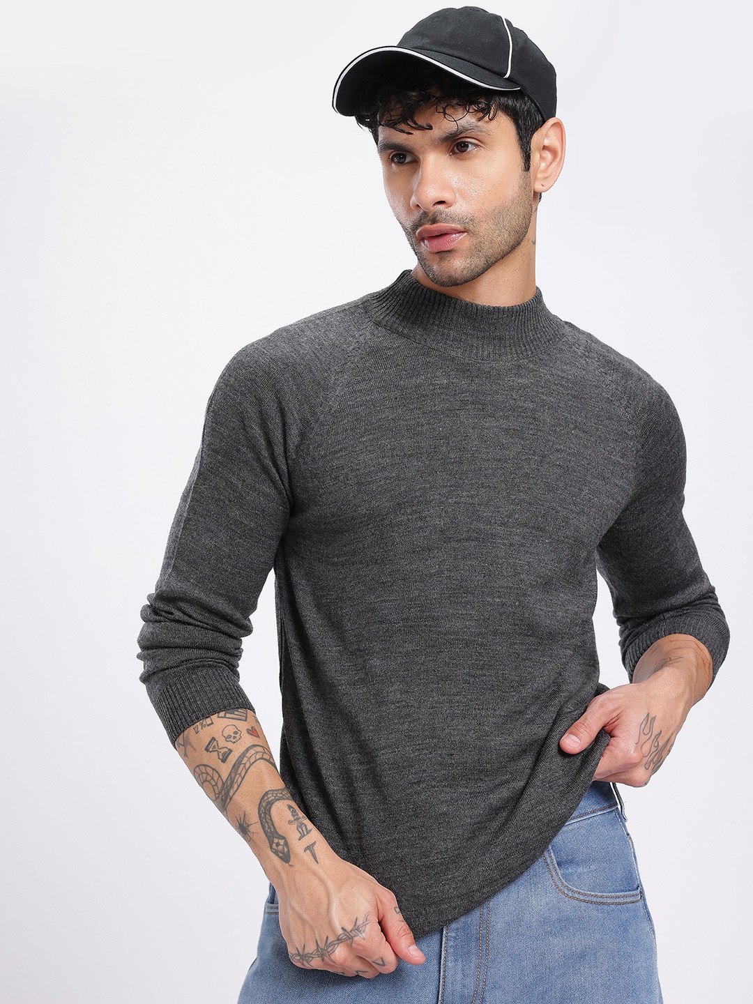 

glitchez Cozy Layers High Neck Raglan Sleeves Pullover, Grey