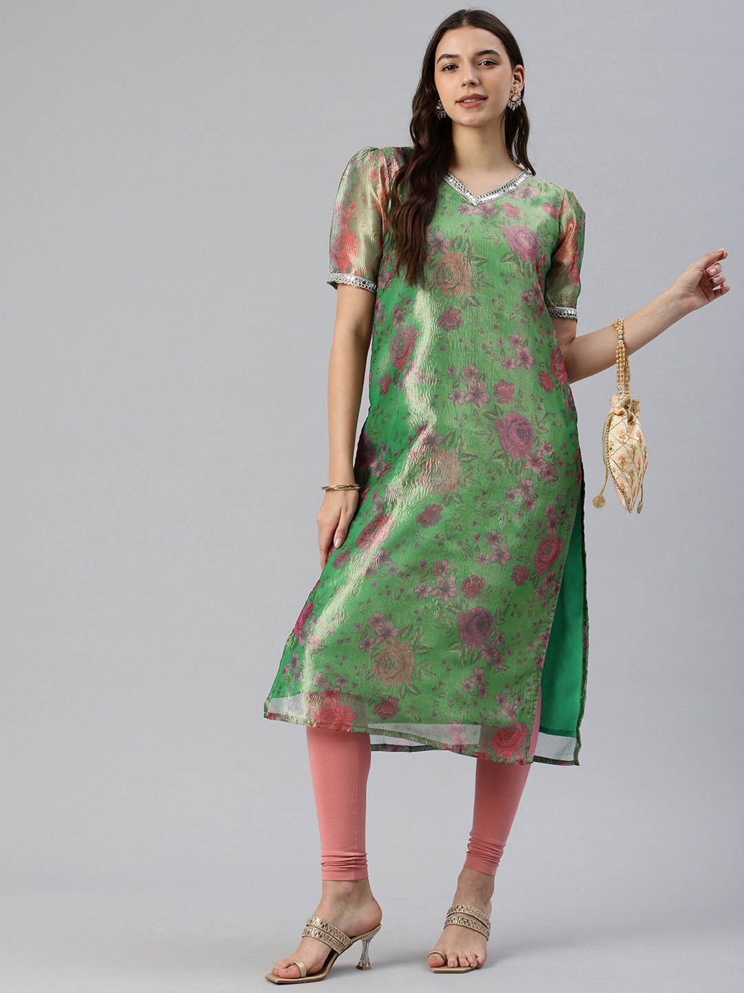 

Swishchick Floral Printed V-Neck Puff Sleeve Kurta with Leggings, Green