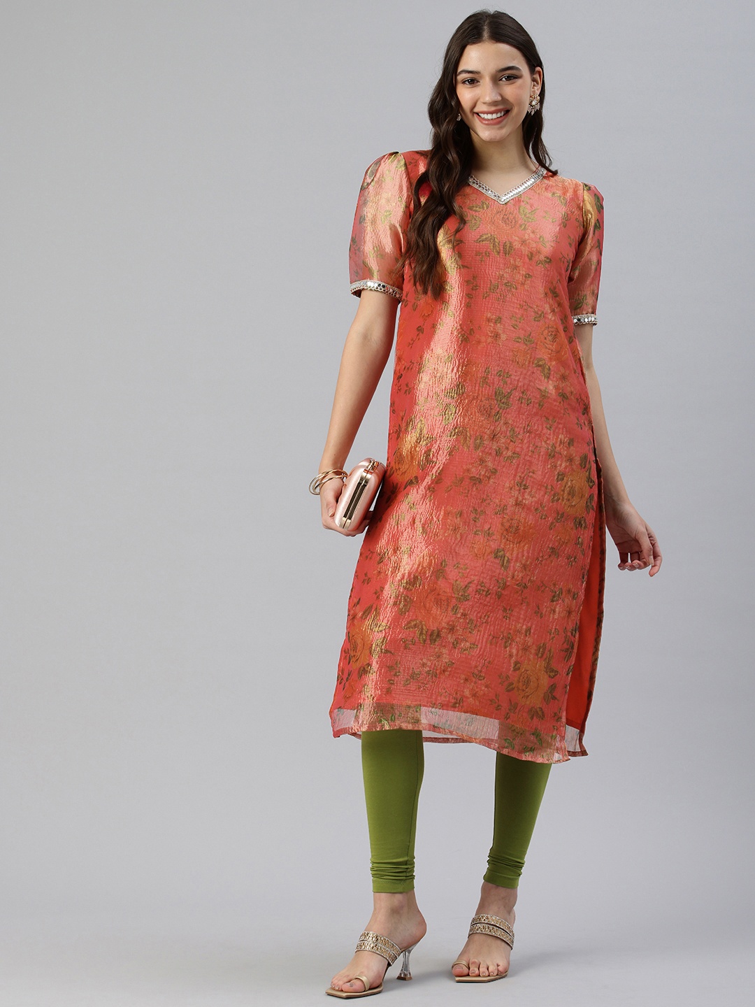 

Swishchick Floral Printed V-Neck Puff Sleeve Kurta with Leggings, Pink