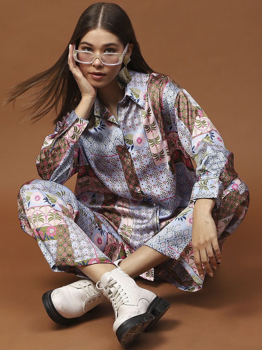 

Sera Printed Shirt Collar Long Sleeves Shirt With Trouser, Blue