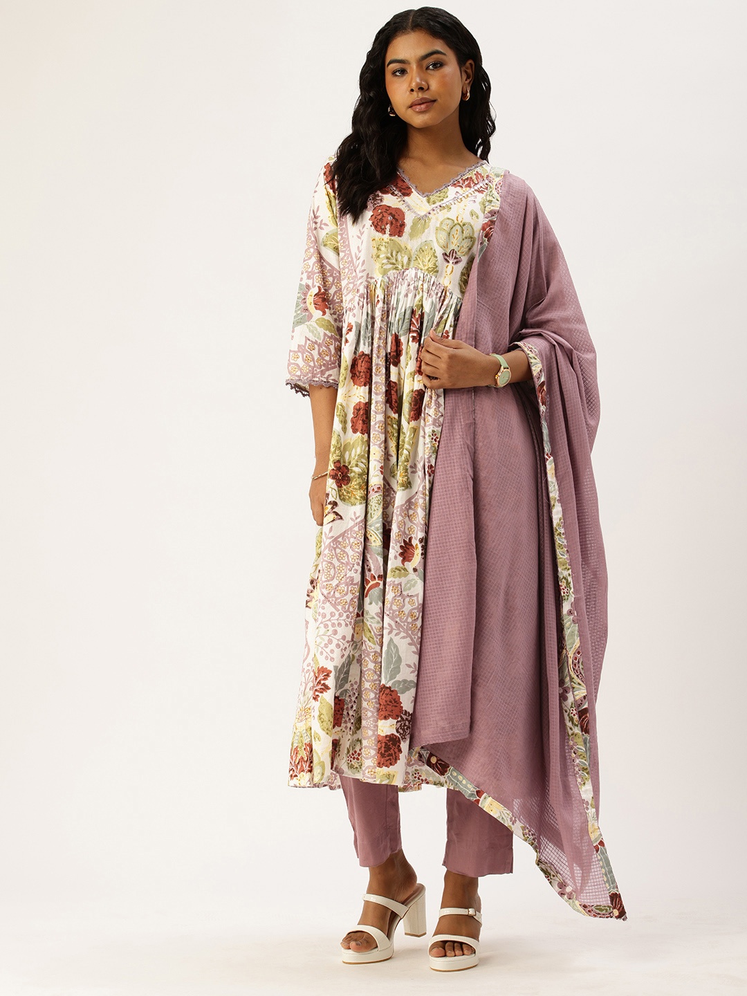 

Vinya Floral Printed Mirror Work A-Line Kurta with Trousers & Dupatta, White