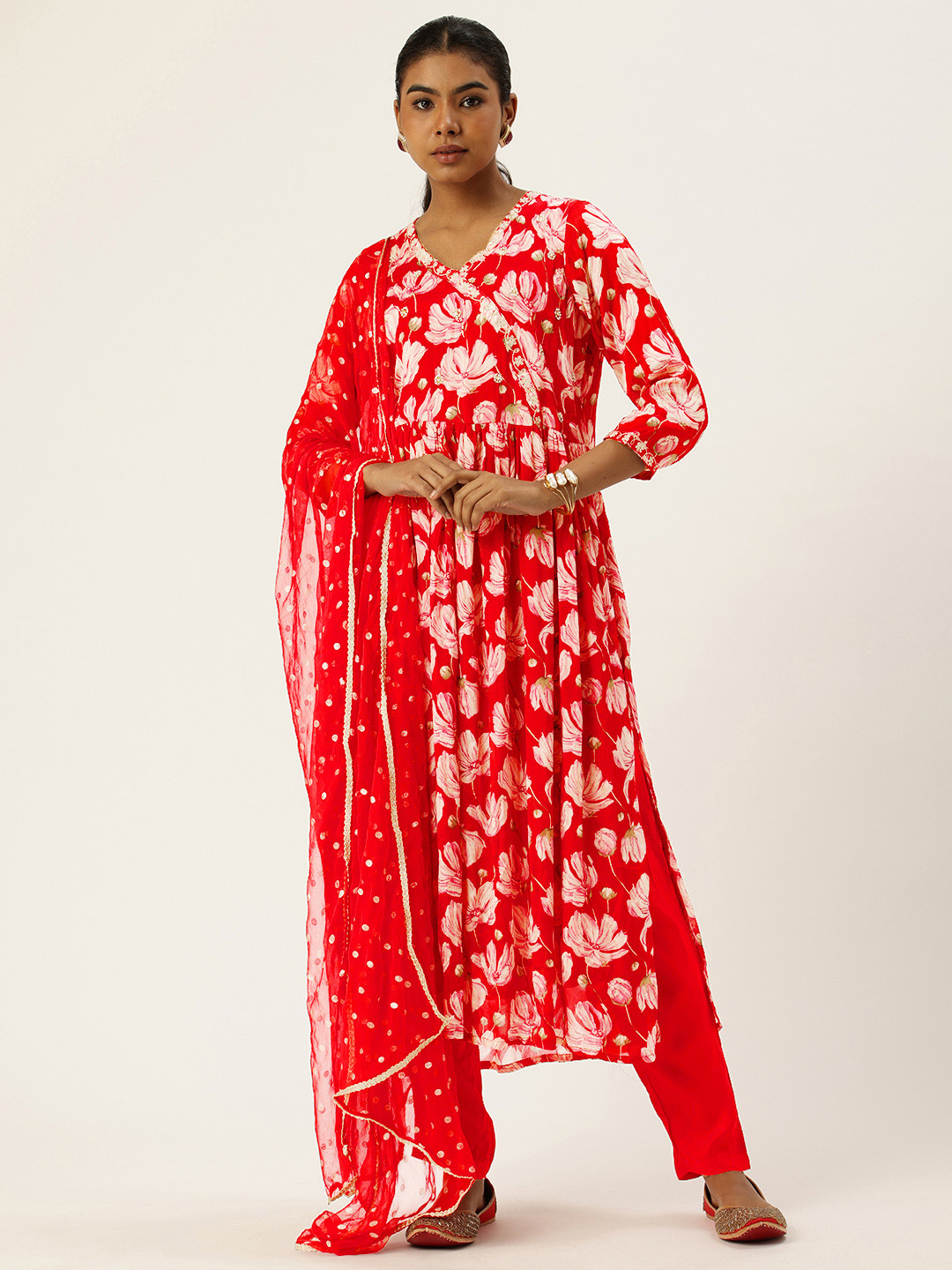 

Vinya Floral Printed High Slit Sequinned Kurta with Trousers & Dupatta, Red