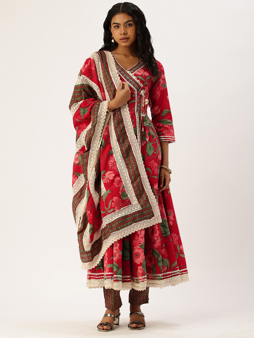 

Vinya Floral Printed Angrakha Mirror Work Kurta with Trousers & Dupatta, Red