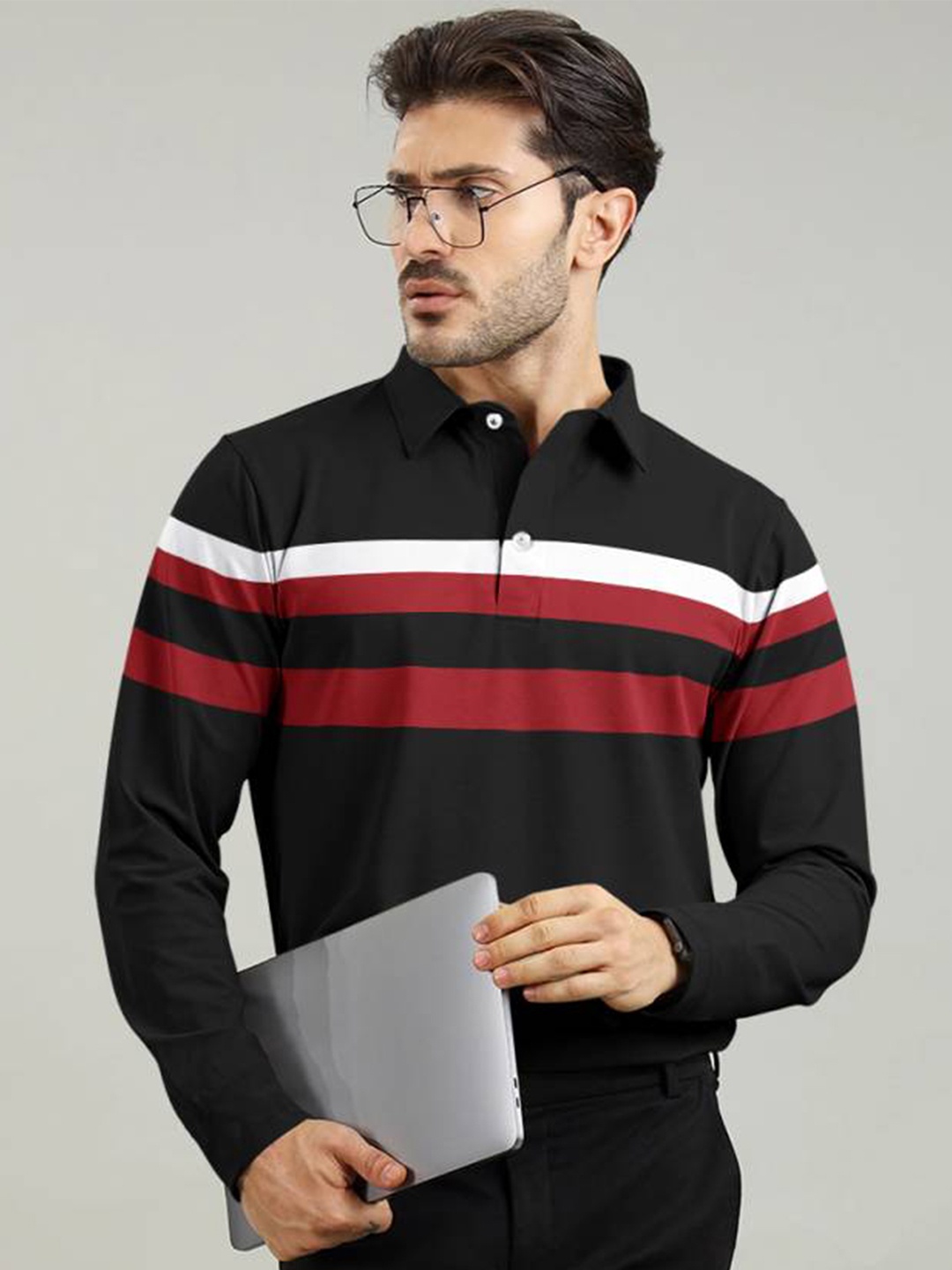

AUSK Men Striped Polo Collar Pure Cotton T-shirt, Black