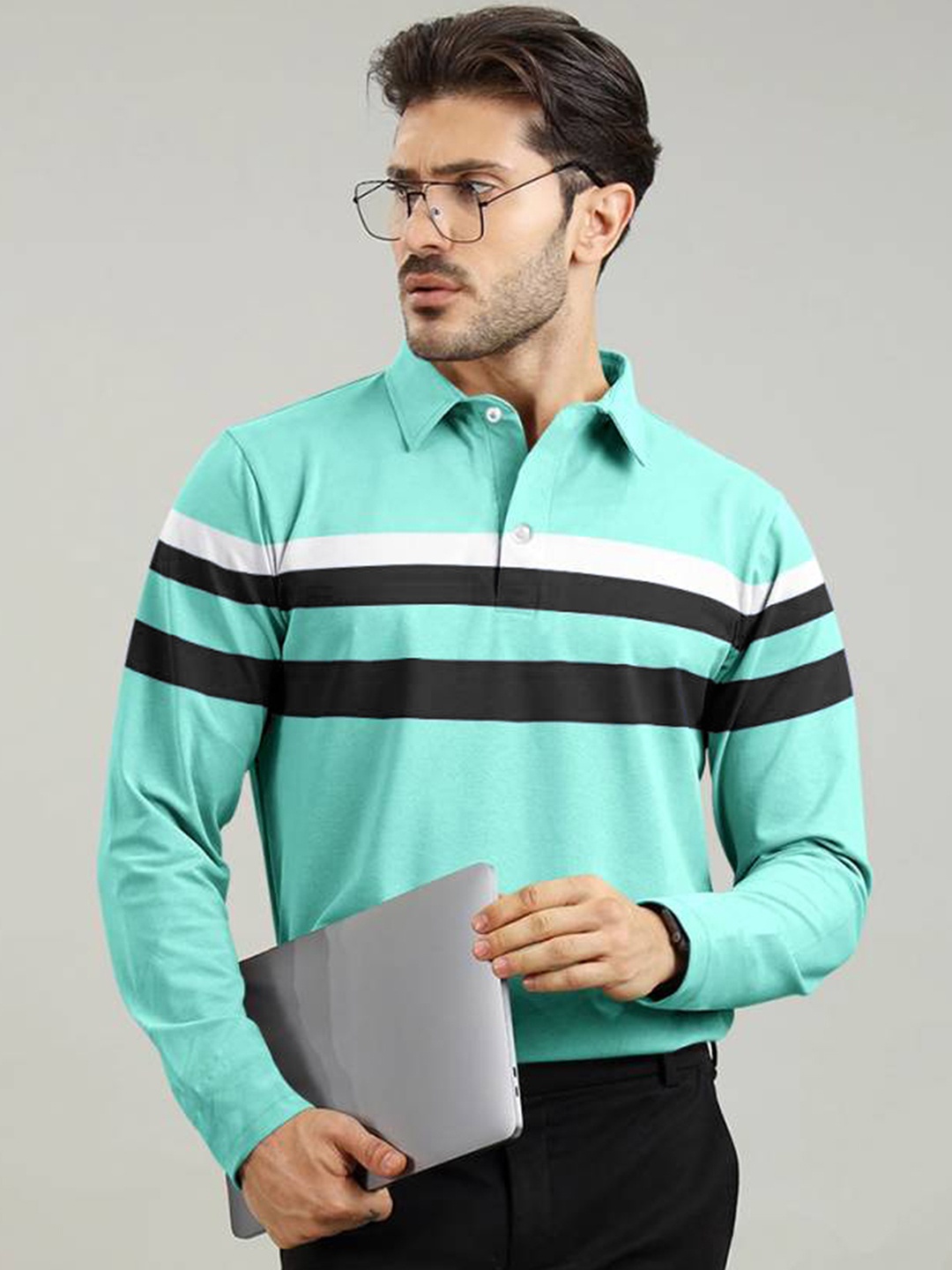 

AUSK Men Striped Polo Collar Pure Cotton T-shirt, Sea green