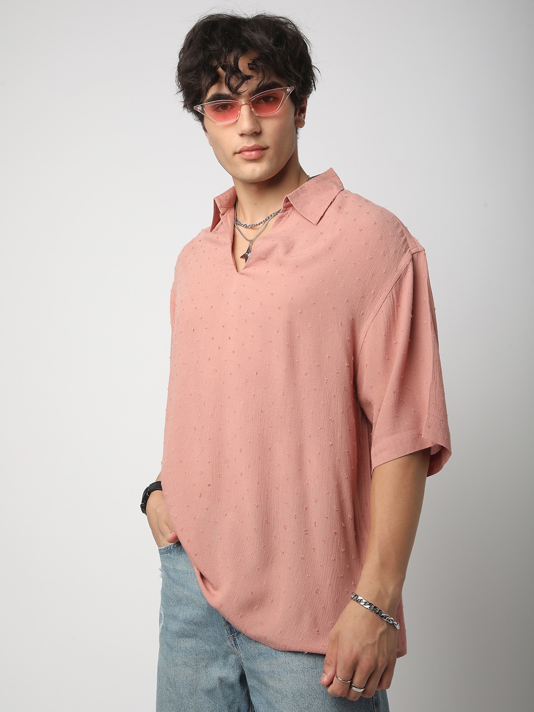 

VASTRADO Men Classic Spread Collar Textured Cotton Relaxed Fit Casual Shirt, Peach