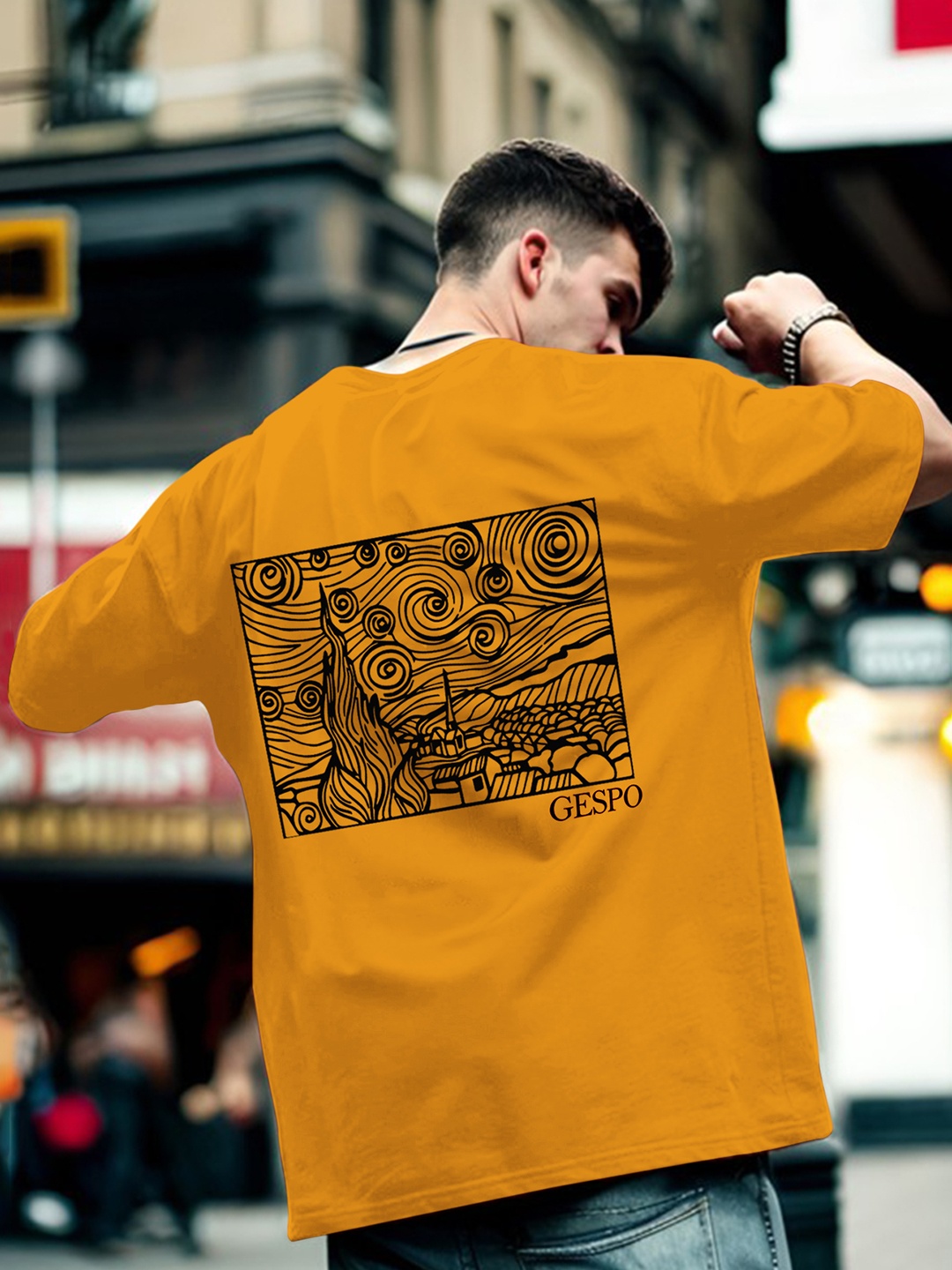 

GESPO Men Graphic Printed Pure Cotton Oversized T-shirt, Mustard