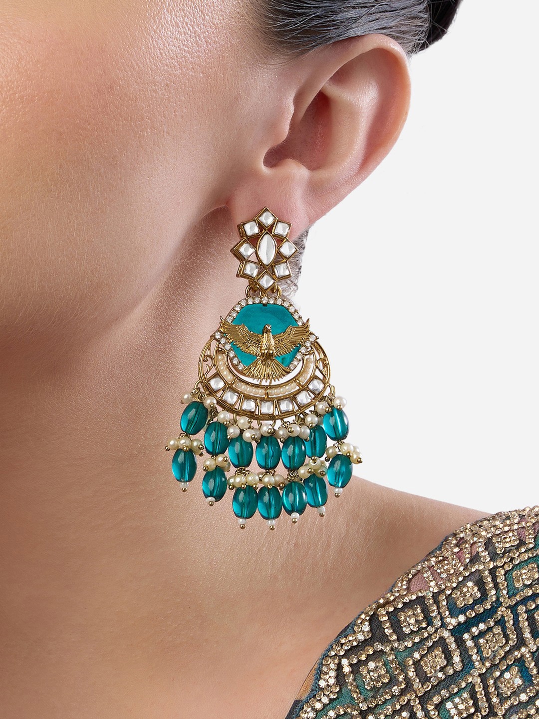 

Zaveri Pearls Gold-Plated Kundan Stone Studded & Pearls Beaded Contemporary Drop Earrings