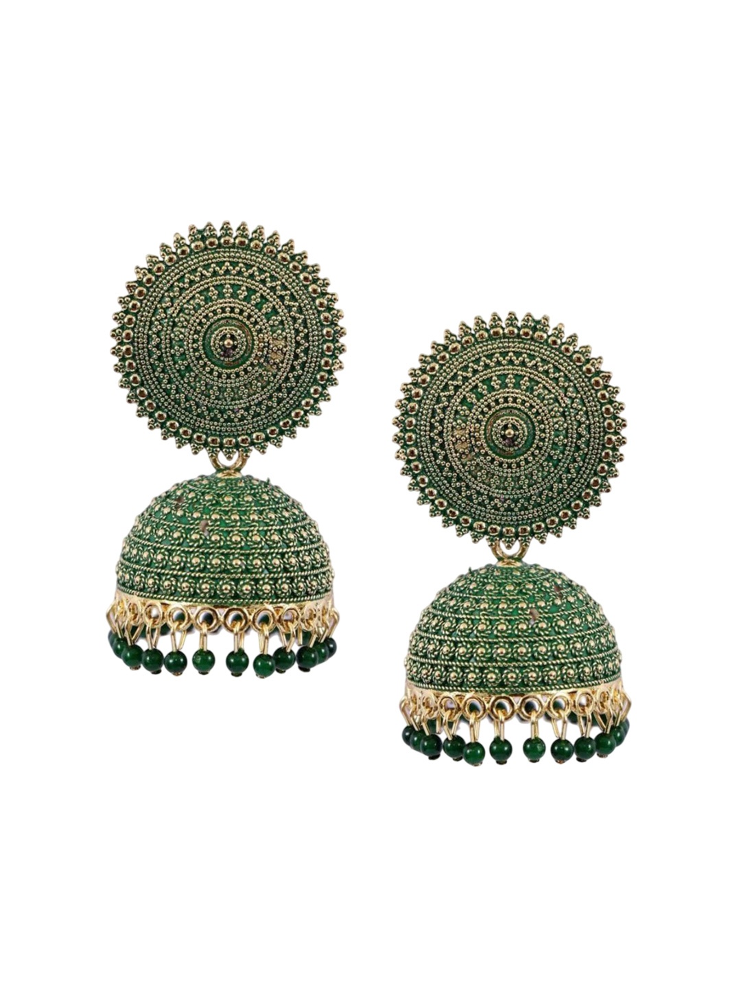 

JMBW INTERNATIONAL Gold-Plated Dome Shaped Stone Studded Antique Jhumkas, Green