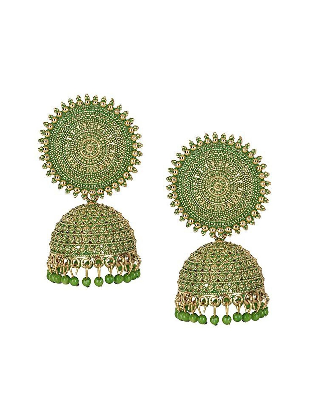 

JMBW INTERNATIONAL Gold-Plated Dome Shaped Stone Studded Antique Jhumkas, Green