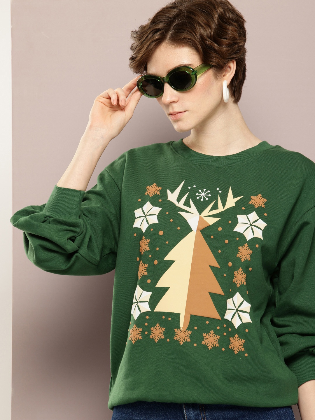 

Dillinger Women Printed Drop Shoulder Puff Sleeves Oversized Sweatshirt, Green