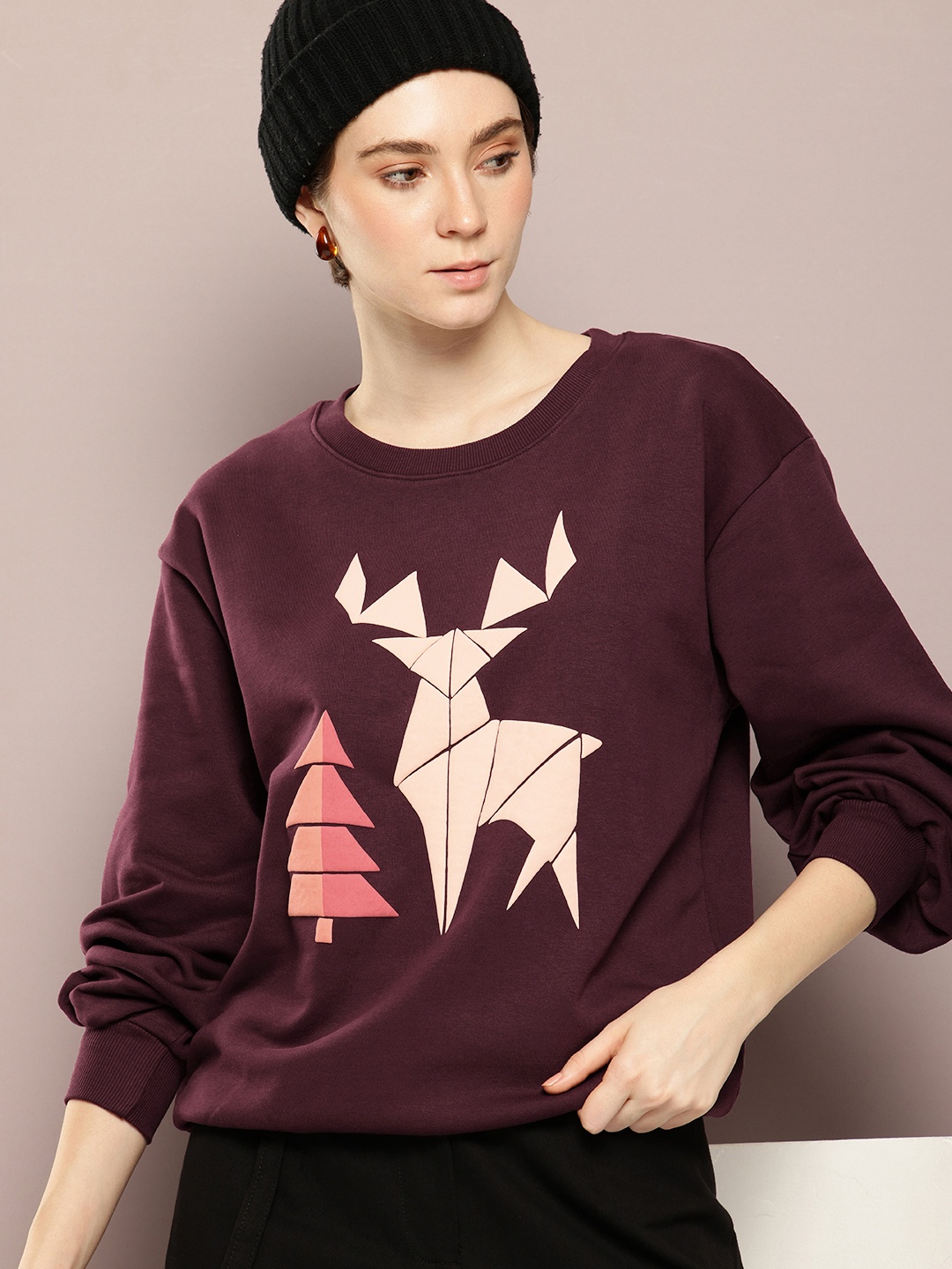 

Dillinger Women Printed Drop Shoulder Puff Sleeves Oversized Sweatshirt, Burgundy
