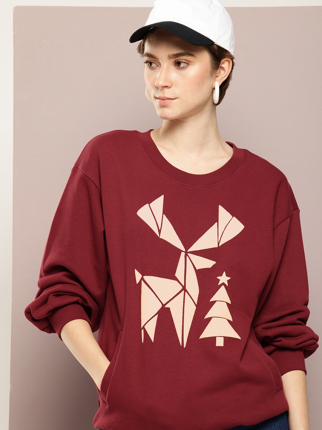 Dillinger Women Printed Drop Shoulder Puff Sleeves Oversized Sweatshirt, Maroon