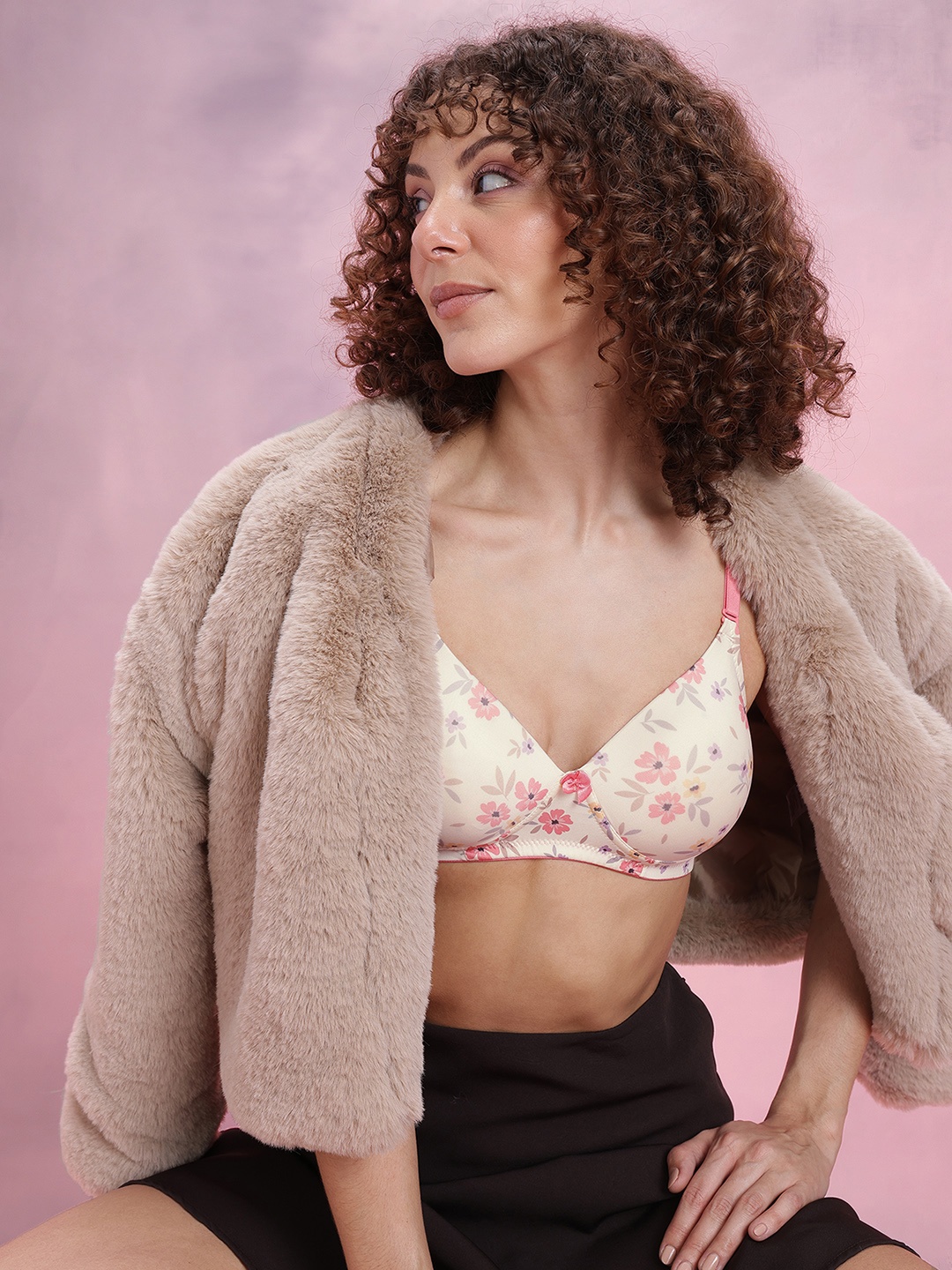 

DressBerry Floral Print Lightly Padded T-shirt Bra, Cream