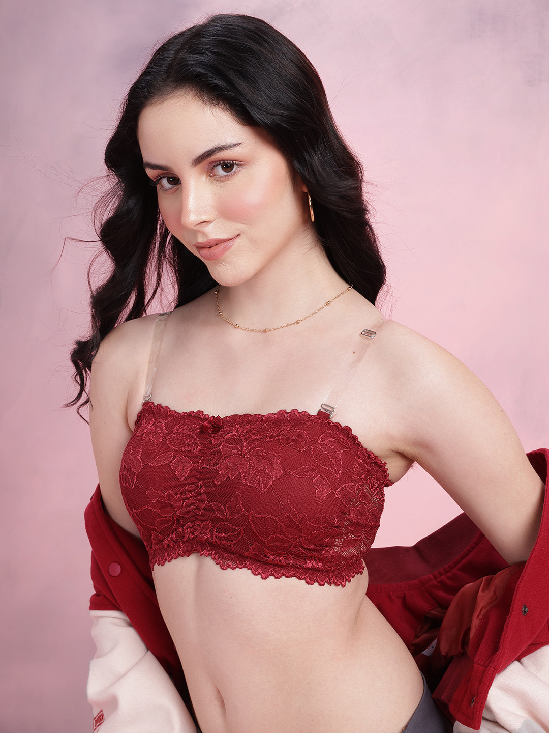 

DressBerry Floral Bandeau Full Coverage Lightly Padded Bra, Red