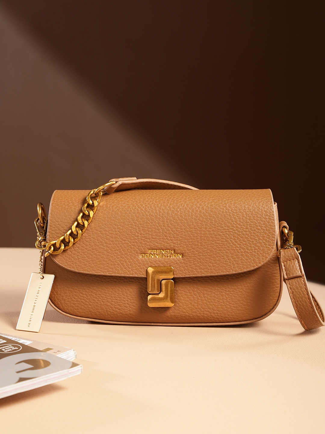 

French Connection Textured PU Structured Shoulder Bag, Brown