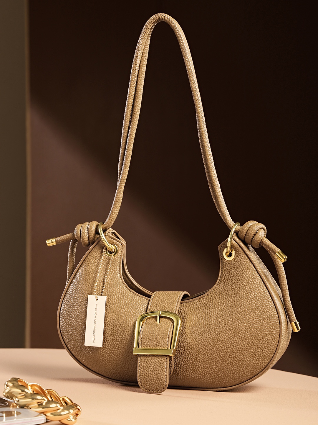 

French Connection Textured PU Structured Hobo Bag, Brown