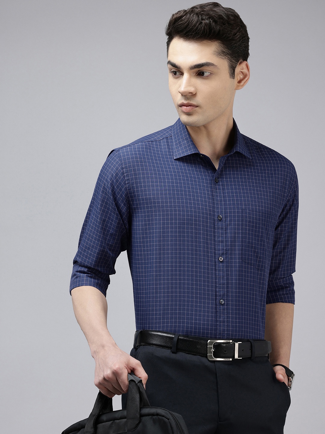 

Park Avenue Slim Fit Grid Tattersall Checks Checked Formal Shirt, Blue