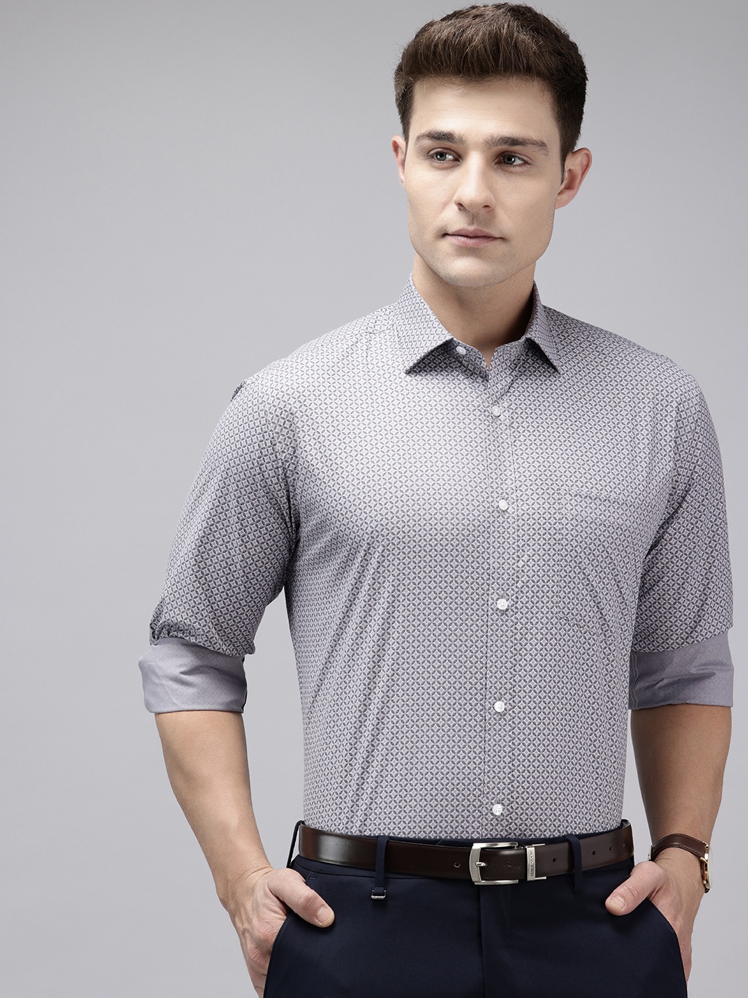

Park Avenue Slim Fit Opaque Geometric Printed Formal Shirt, Grey