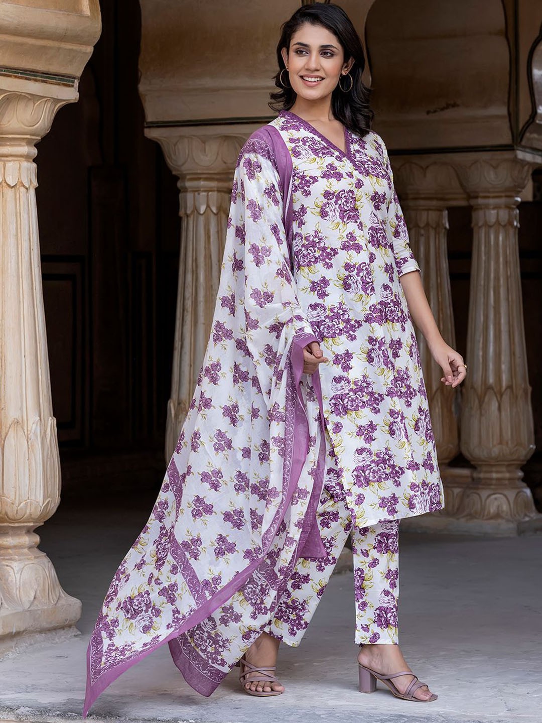 

BAESD Ethnic Motifs Printed V-Neck Pure Cotton Straight Kurta With Trousers & Dupatta, Purple