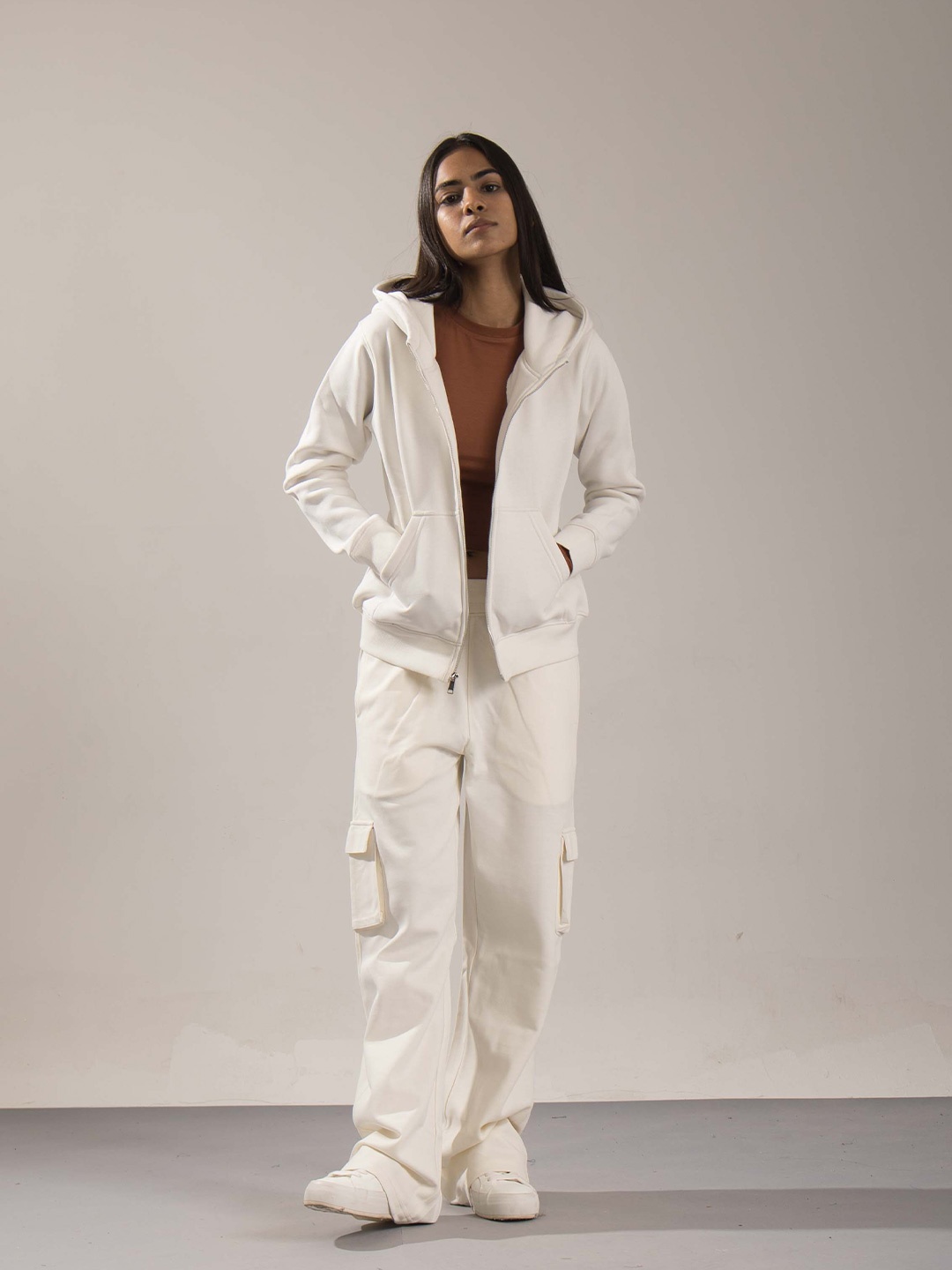 

ONEWAY Women Hooded Solid Cotton Casual Bomber Jacket, Off white