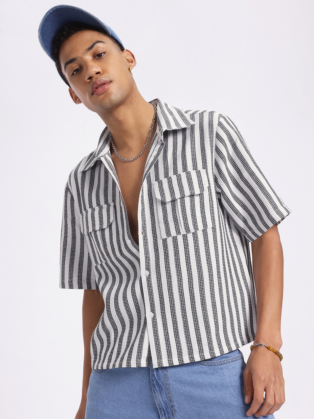 

glitchez Textured Talk Self-Striped Shirt, White