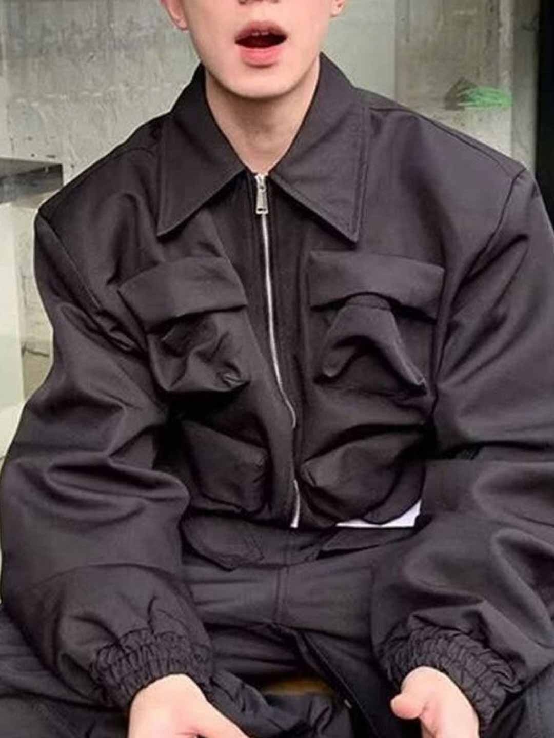 

HERE&NOW Men Spread Collar Solid Casual Bomber Jacket, Black