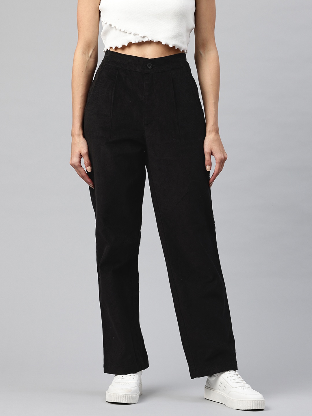 

Popnetic Women High-Rise Corduroy Pleated Pure Cotton Parallel Trousers, Black