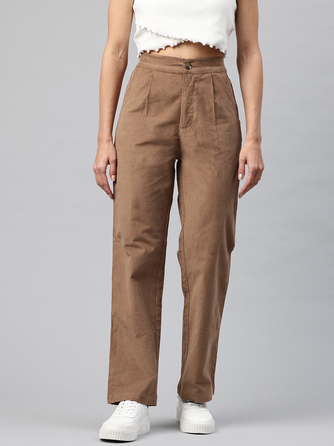 

Popnetic Women High-Rise Corduroy Pleated Pure Cotton Parallel Trousers, Coffee brown