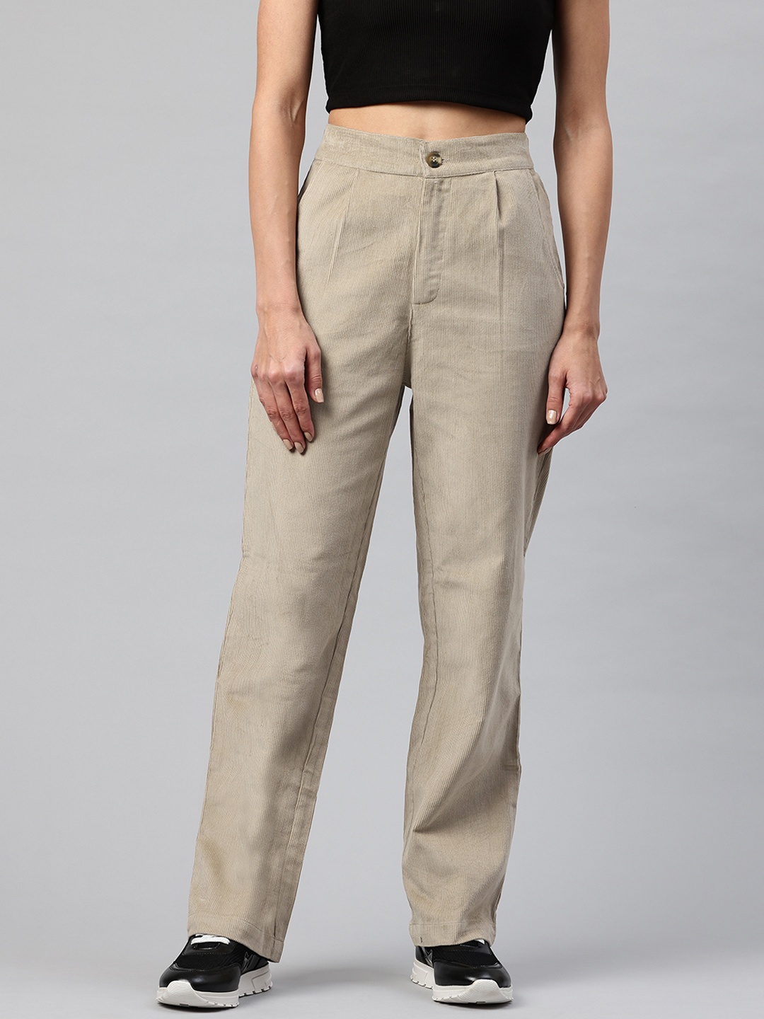 

Popnetic Women High-Rise Corduroy Pleated Pure Cotton Parallel Trousers, Beige