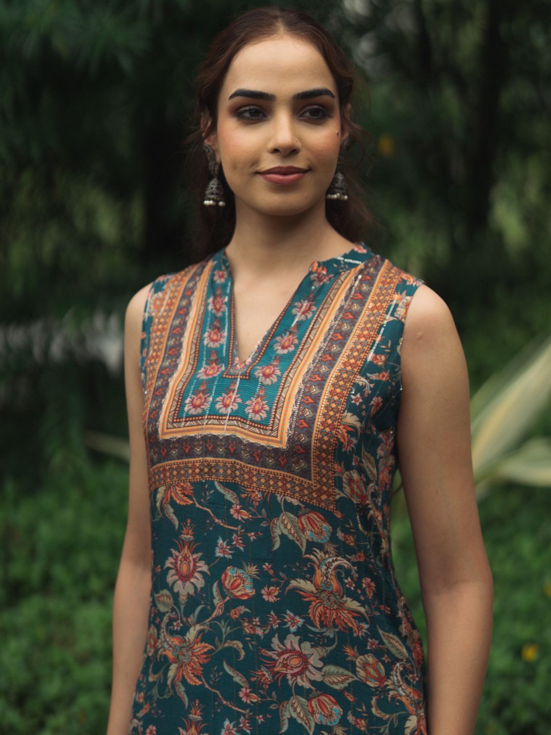 

anayna Floral Printed Mandarin Collar Straight Kurta With Trousers, Teal