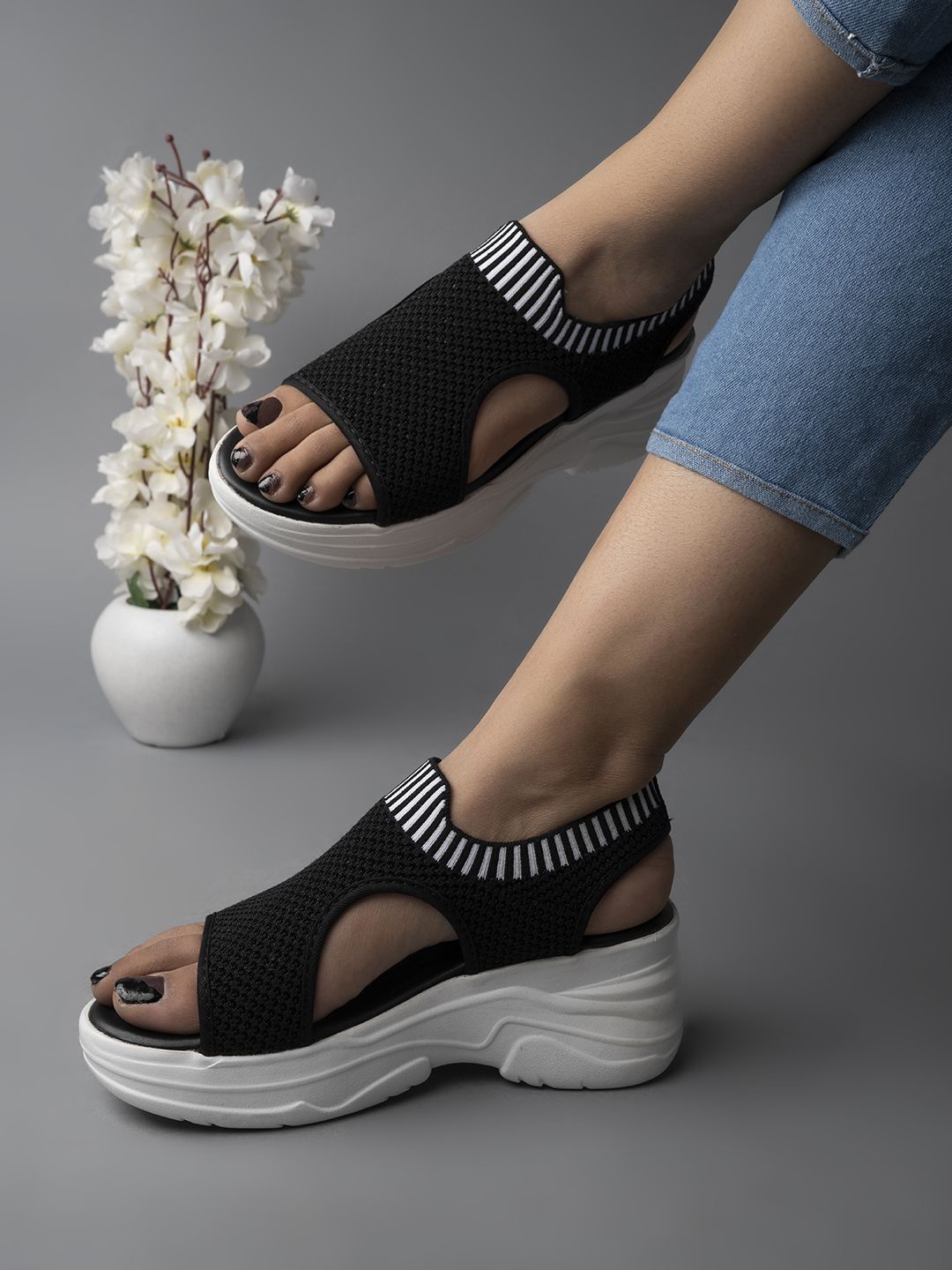 

Stylestry Women Wedge Sandals with Laser cuts, Black