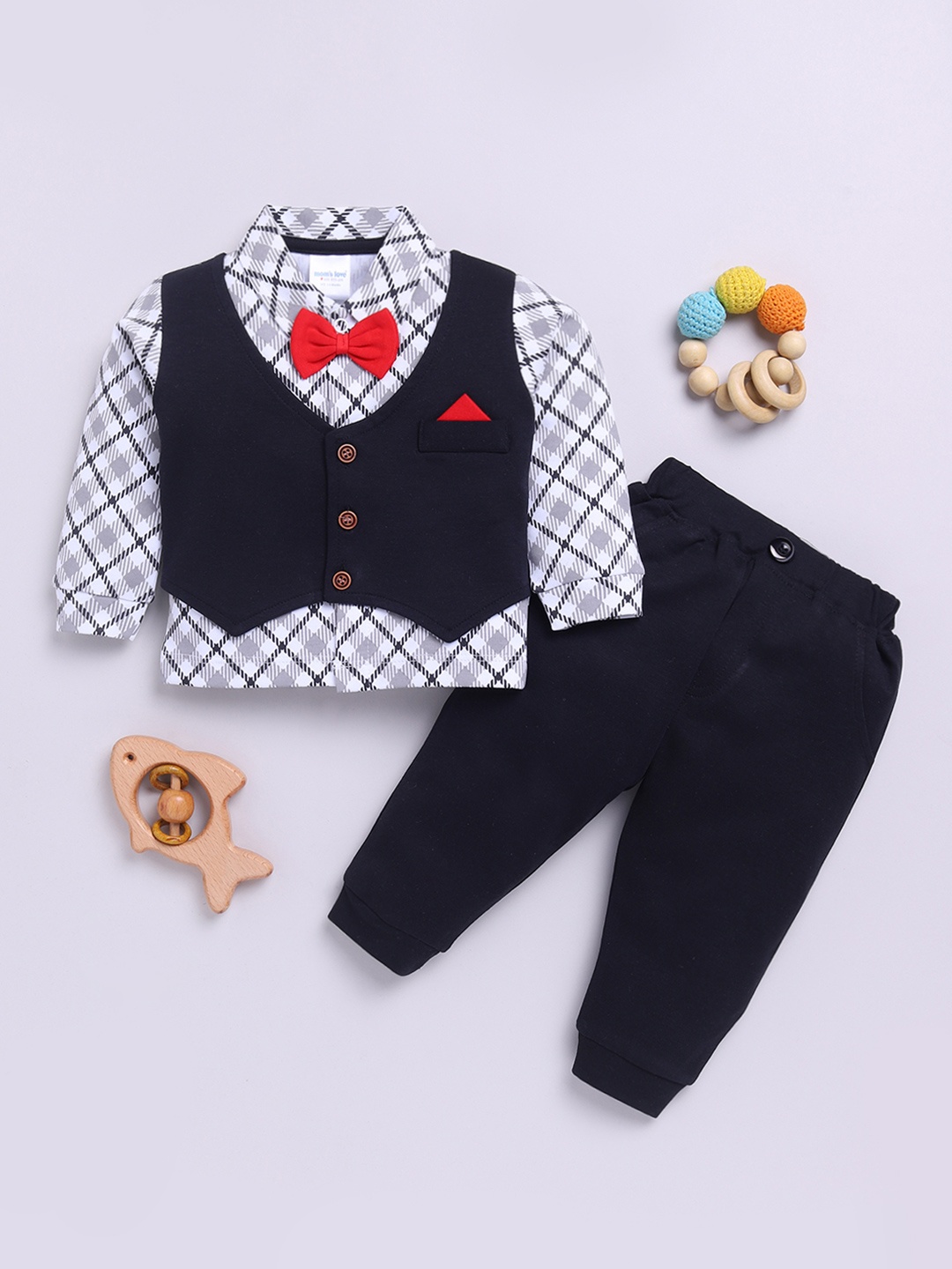 

Moms Love Infant Boys Pure Cotton Checked Clothing Set, Black