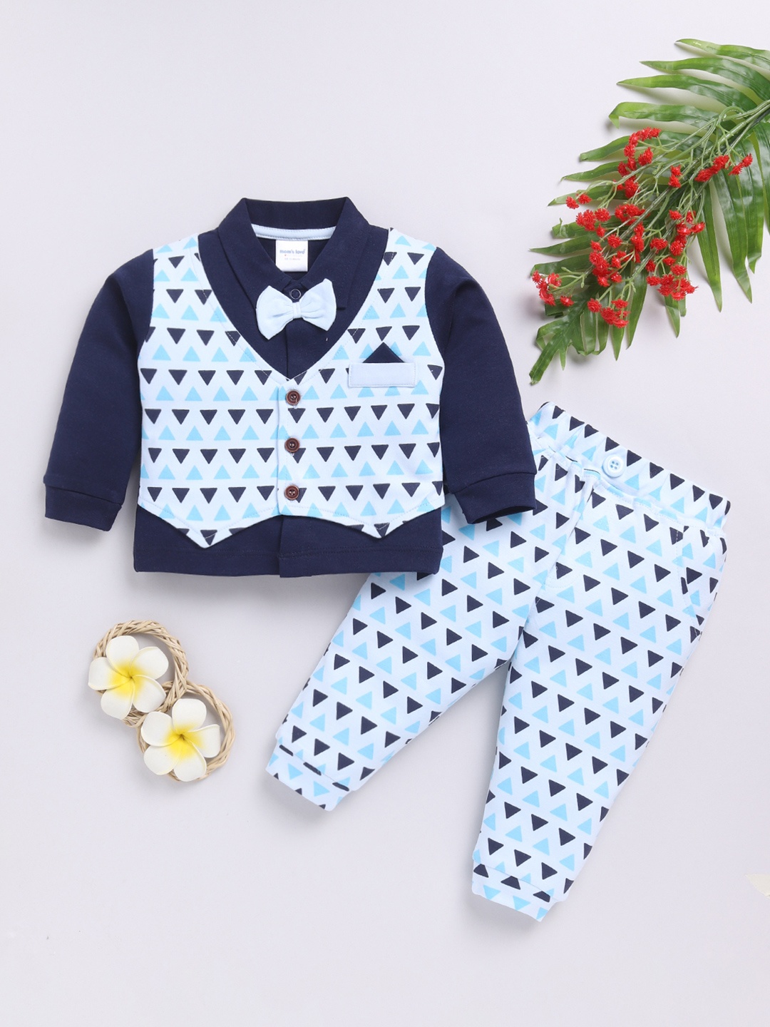 

Moms Love Infant Boys Printed Pure Cotton Shirt with Joggers, Navy blue