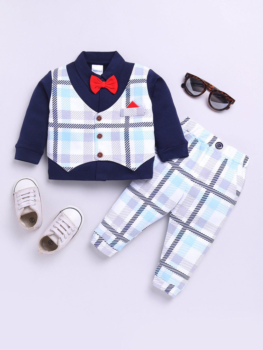 

Moms Love Infant Boys Checked Pure Cotton Clothing Set, Navy blue