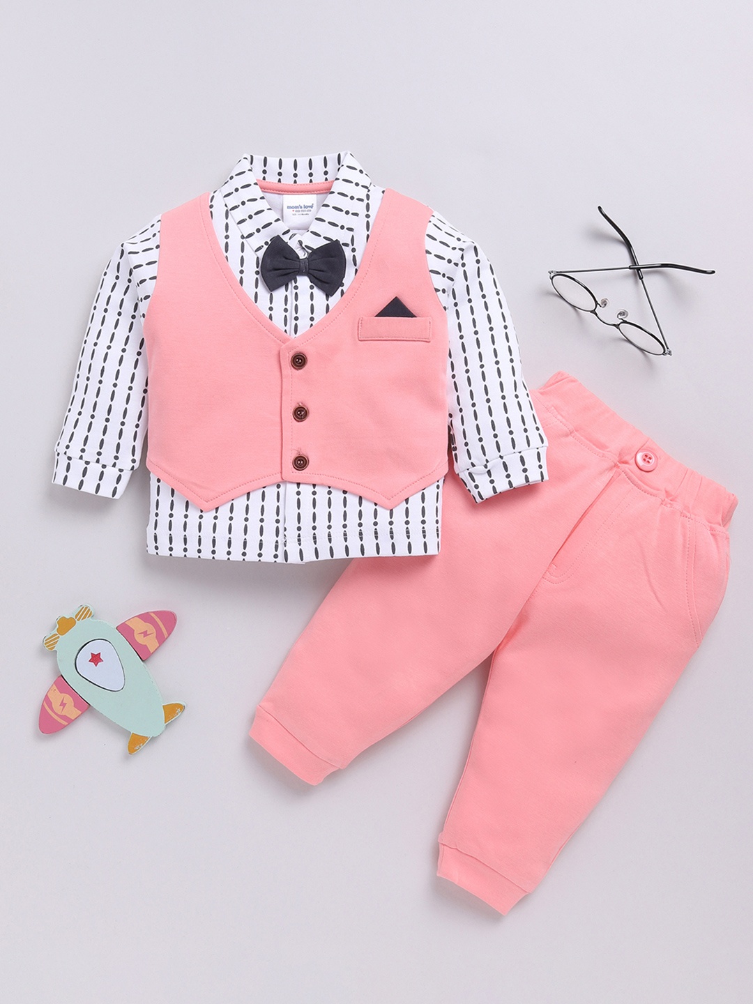 

Moms Love Infant Boys Printed Pure Cotton Shirt with Joggers, Peach