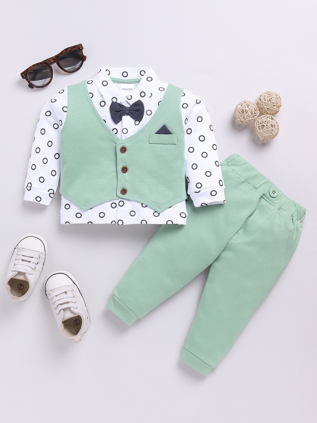 

Moms Love Infant Boys Printed Pure Cotton Shirt with Joggers, Green