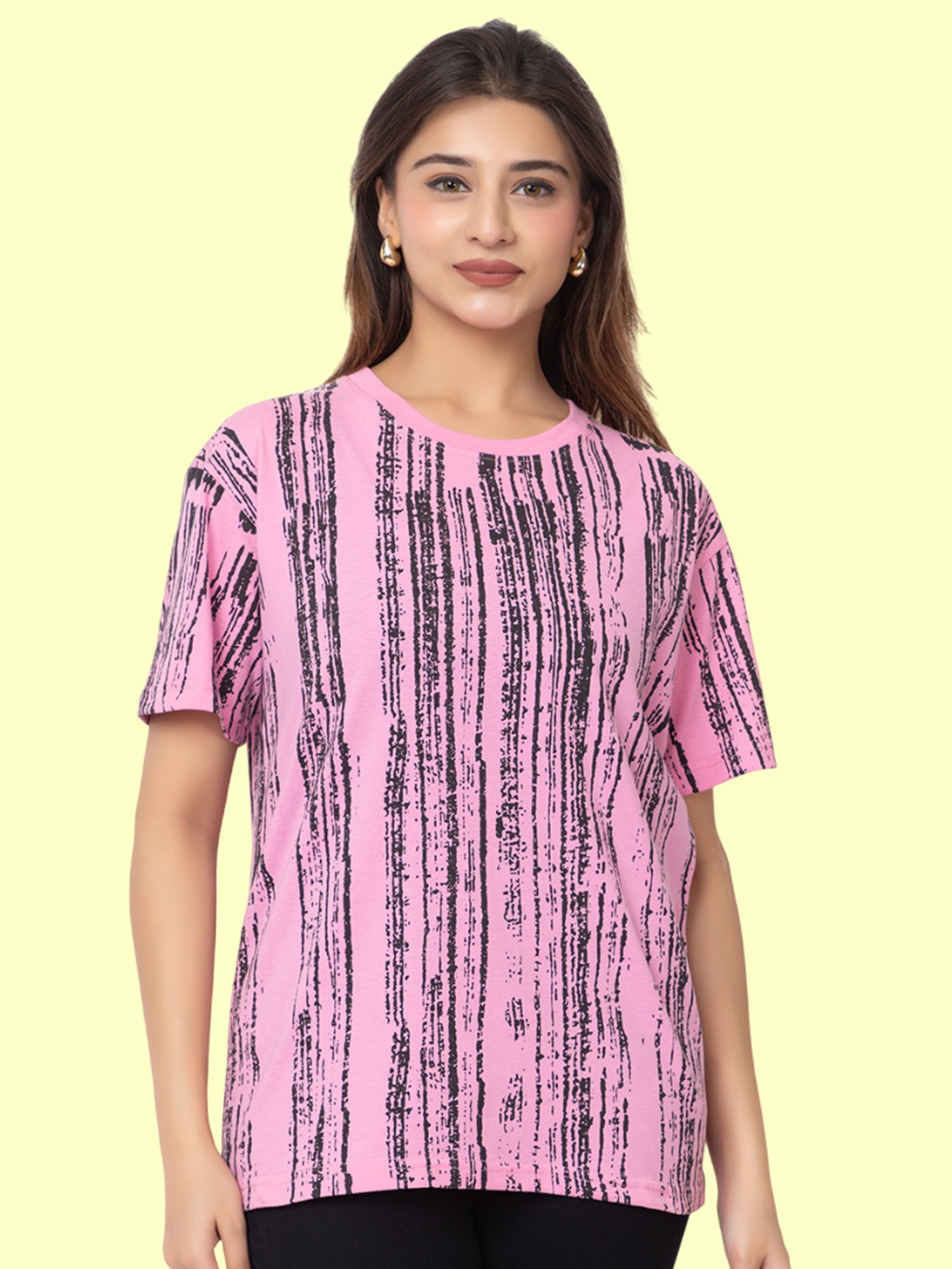 

HILFIRE REGION Women Striped Round Neck Cotton Oversized T-shirt, Lavender