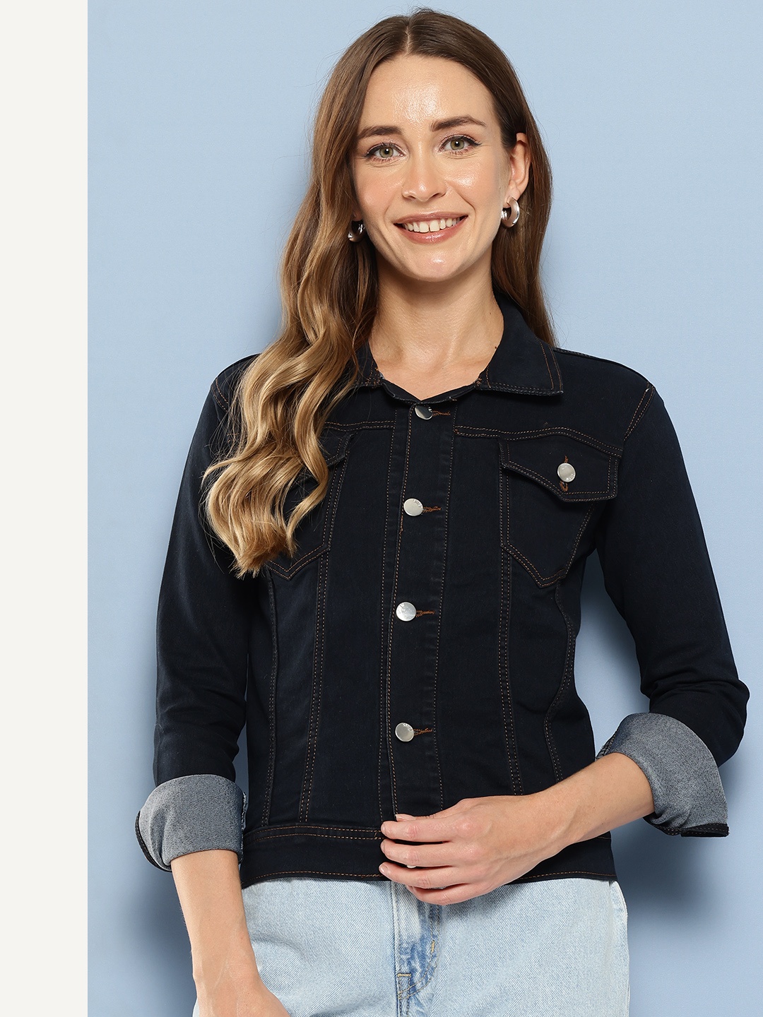 

Aarika Solid Denim Jacket with Typography Detail, Black