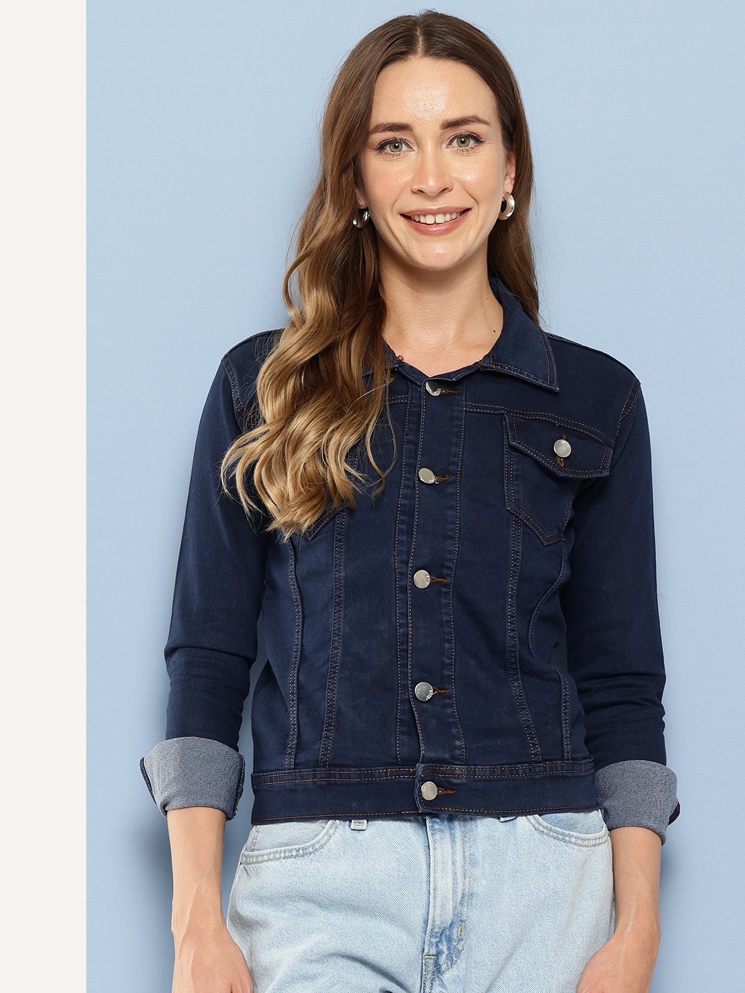 

Aarika Solid Denim Jacket with Typography Detail, Navy blue