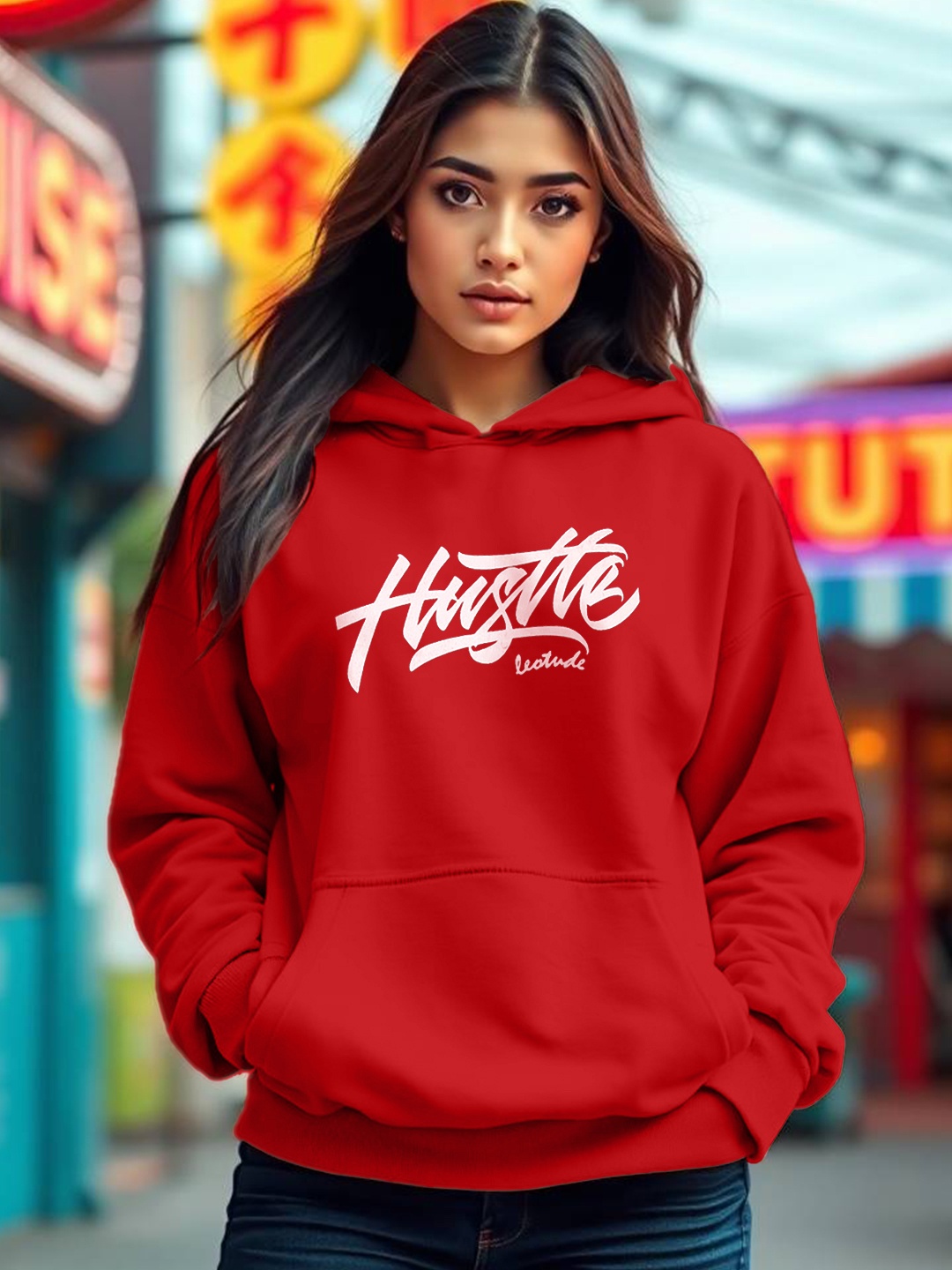 

Leotude Women Graphic Printed Hooded Sweatshirt, Red