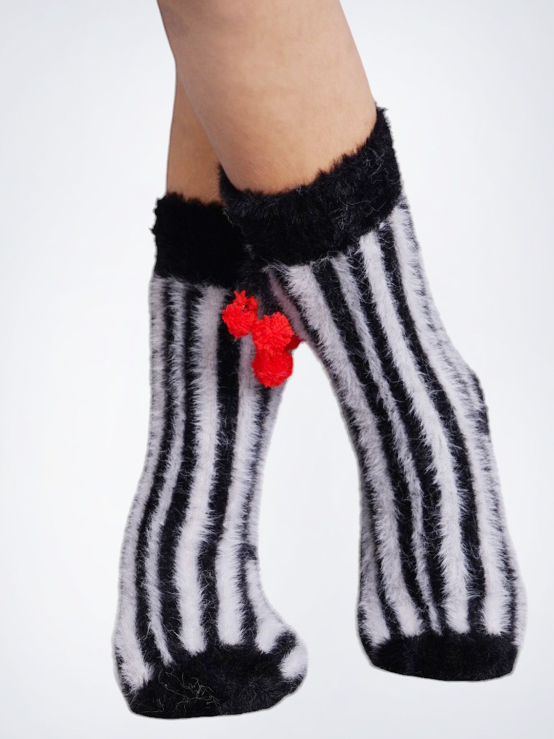

Bharatasya Girls Striped Fur Warm Soft Woollen Calf Length Winter Socks, Black