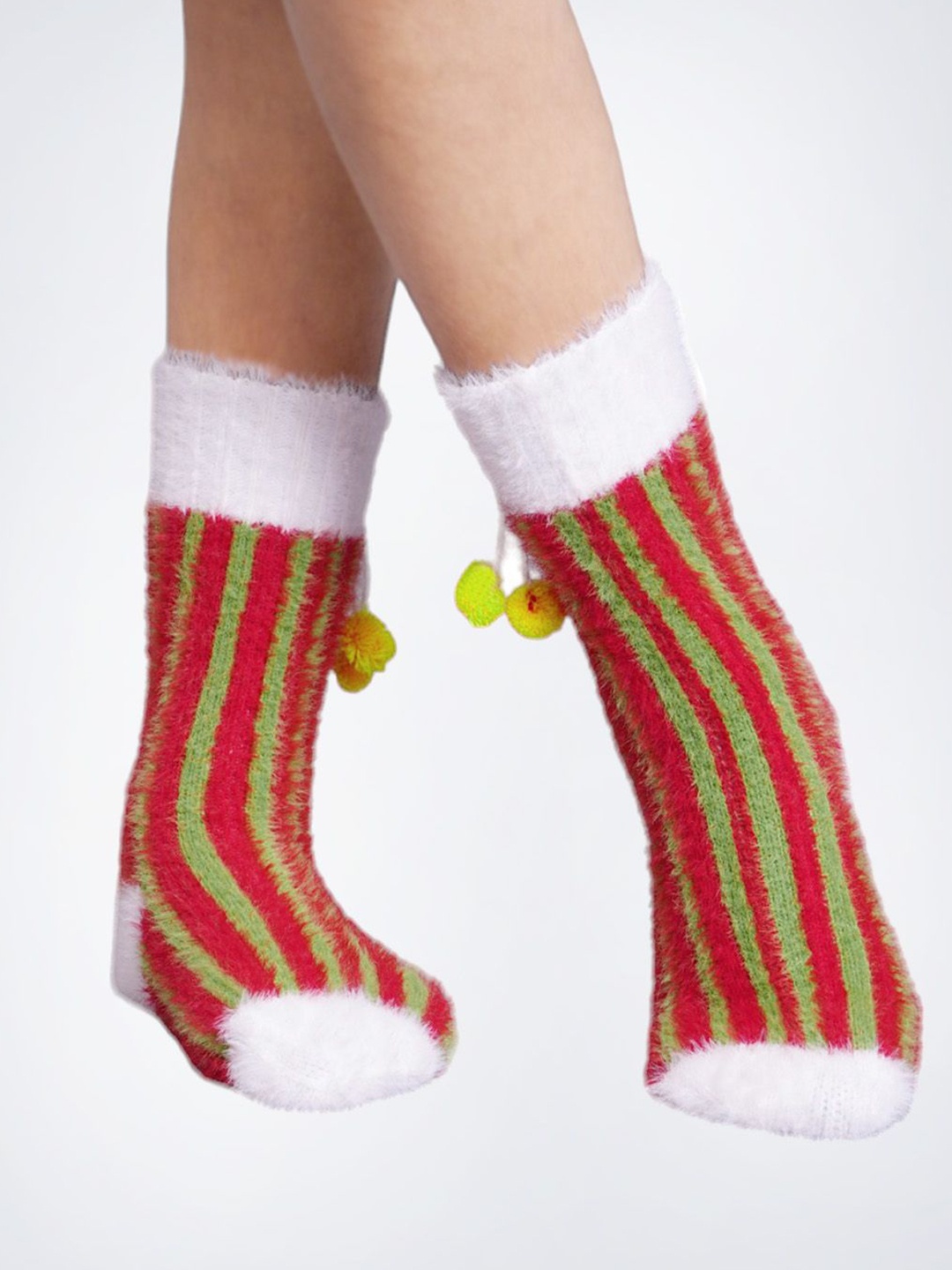 

Bharatasya Girls Striped Soft Woolen Calf Length Socks, White