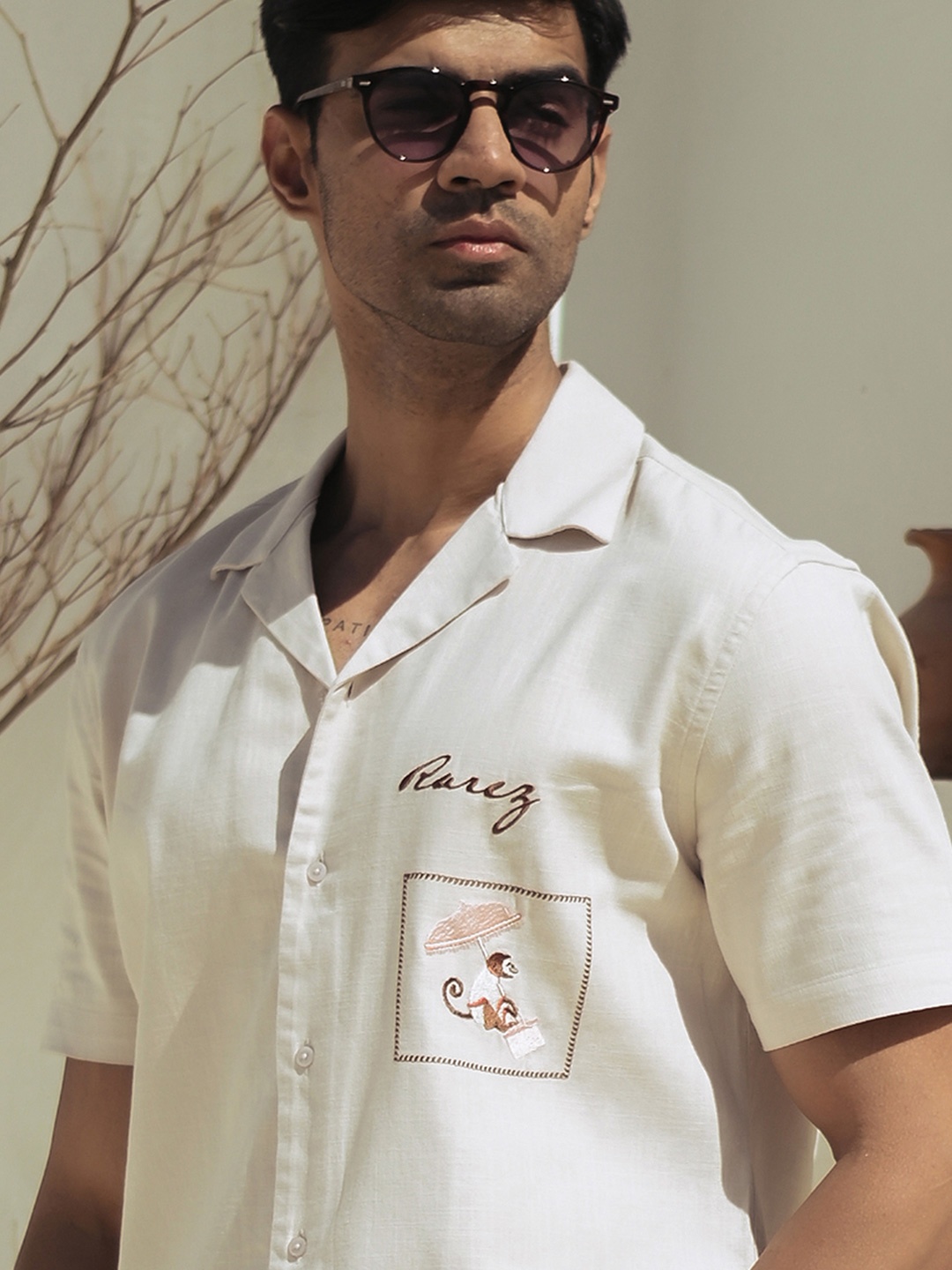 

RARE RABBIT Men Cuban Collar Solid Cotton Relaxed Fit Casual Shirt, Beige