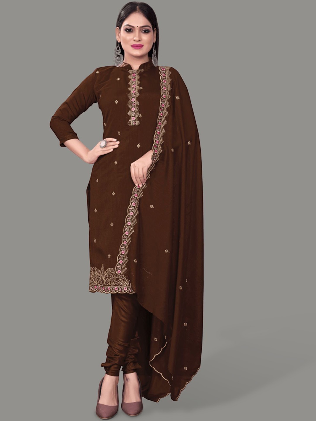 APNISHA Floral Embroidered Pure Silk Unstitched Dress Material, Brown