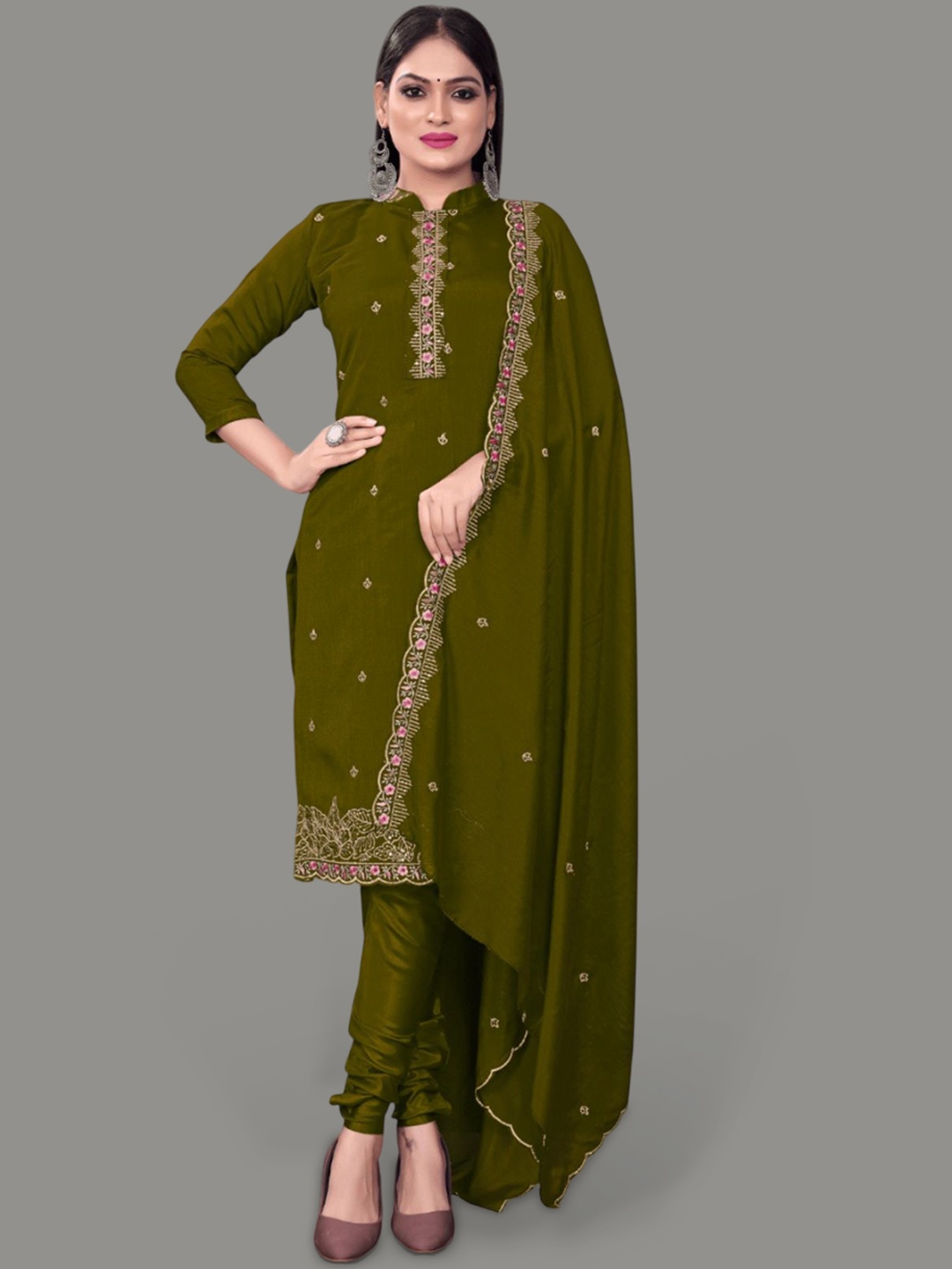 

APNISHA Floral Embroidered Pure Silk Unstitched Dress Material, Olive